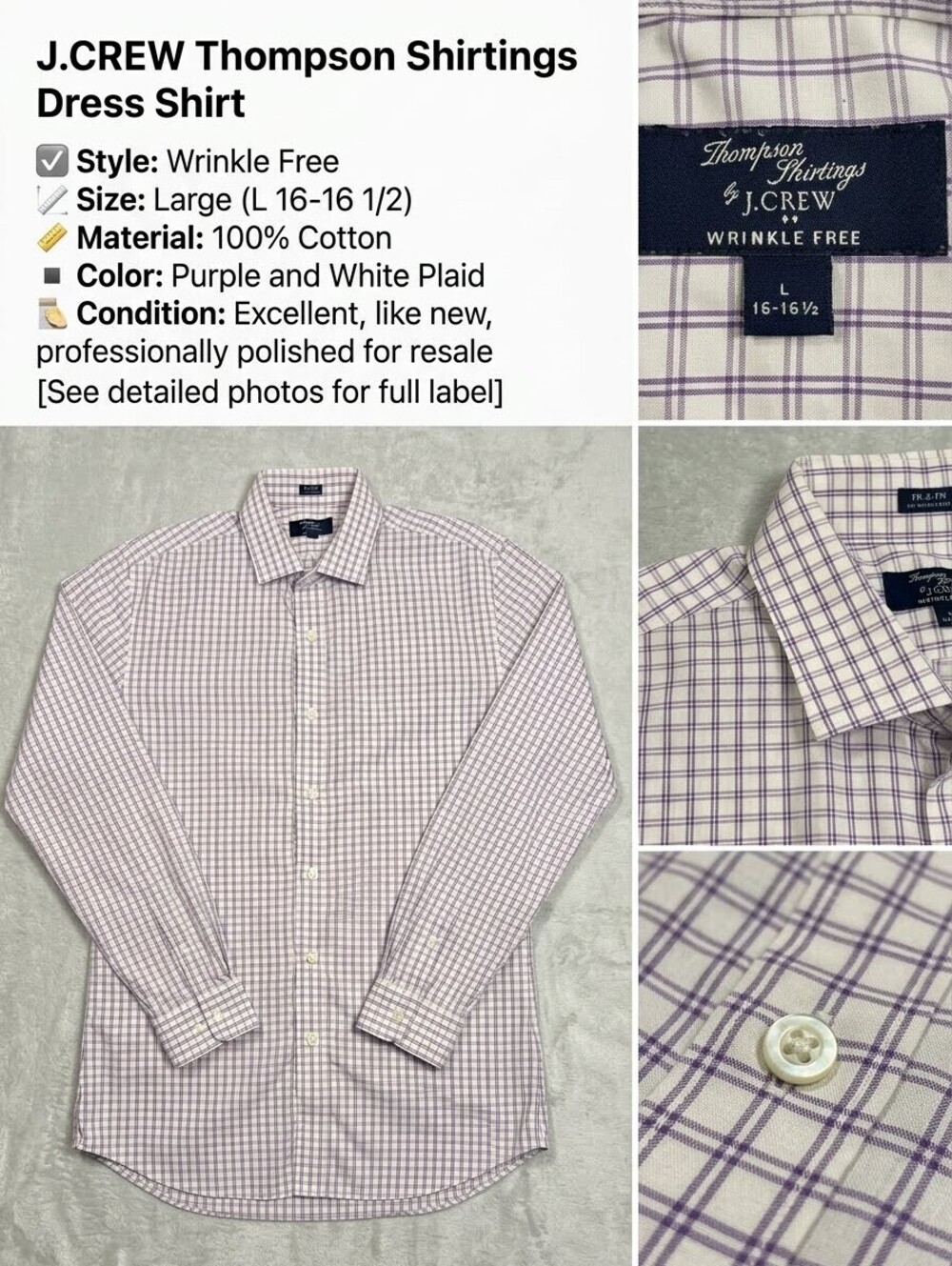 J.CREW Thompson Shirtings Wrinkle Free Dress Shirt Large Purple White Plaid